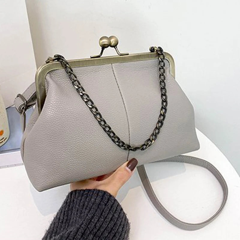 Vintage Soft Skin Shell Bag New Lychee Pattern Handbag Simple And Versatile Shoulder Bag Clip Chain Crossbody Women's Bag