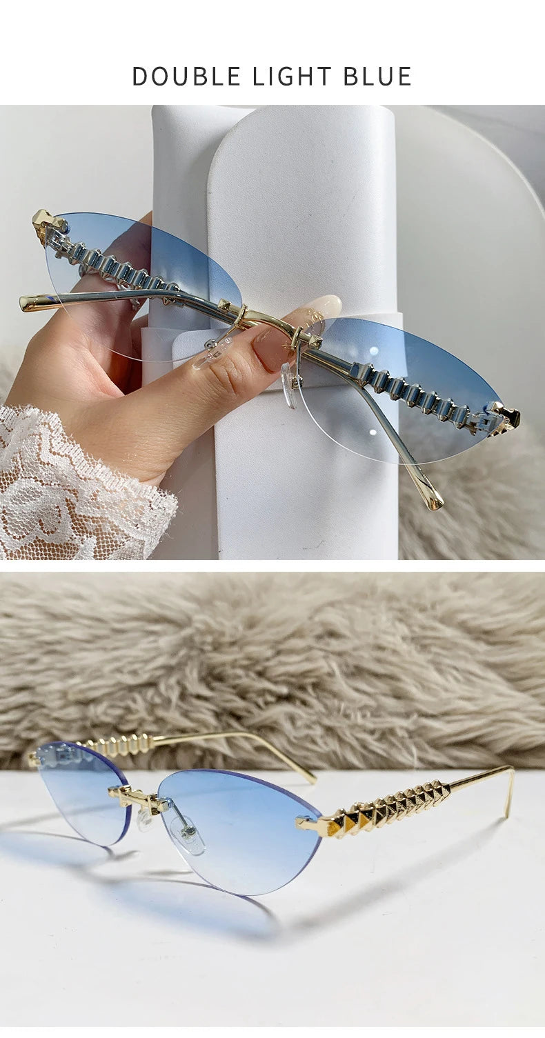 New Cat Eye Rivet Rimless Sunglasses Women Luxury Fashion Brand Oval Narrow Sun Glasses Shades Trendy Elegant Unique Eyewear
