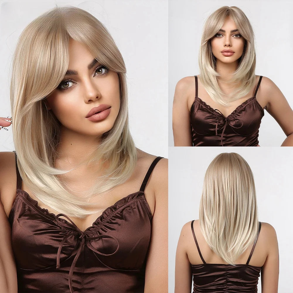 Long Straight Layered Synthetic Wig Blonde Platinum Highlight Wig with Bangs Daily Use Natural Hair Heat Resistant Wig for Women