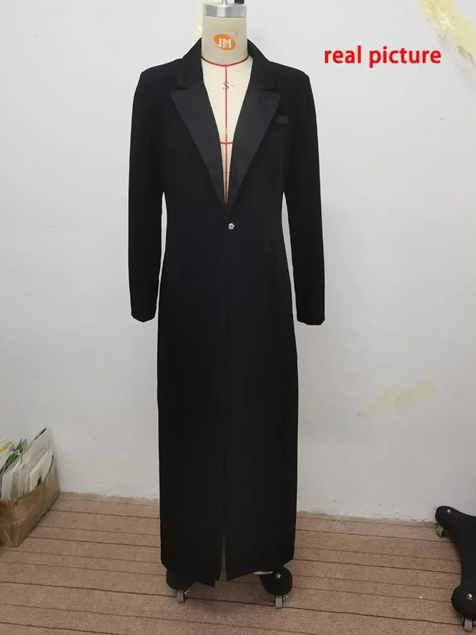 Missuoo Women's Black Extra-long Blazer Coat Lapel V-neck Long Sleeves Split-side Elegant Outerwears 2025 Fall New