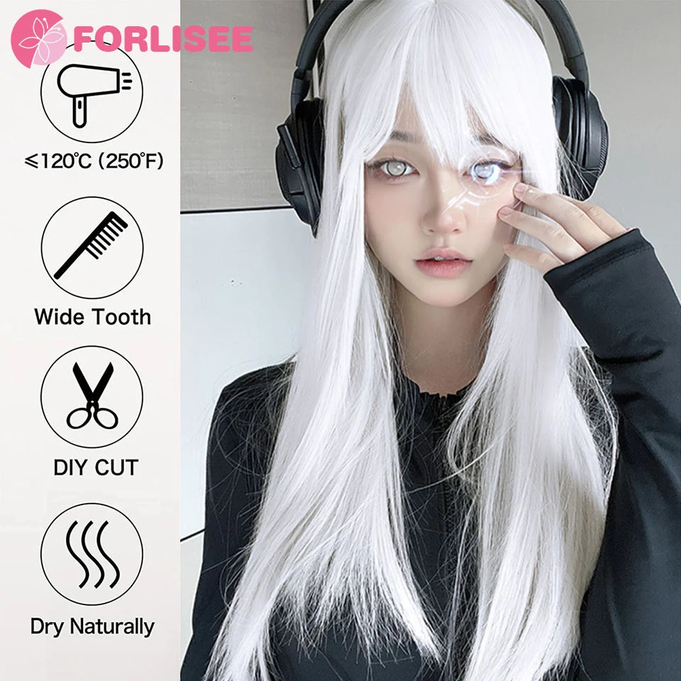 FORLISEE Synthetic White Wig Women's Long Hair Full Head Cover Lolita Japanese Cos Air Bang Long Straight Hair Wig Cover