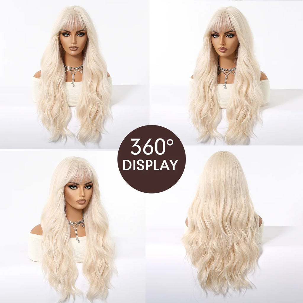 Platinum 613 Blonde Wig Long Wavy Synthetic Wig with Bangs Curly Mixed Golden for Women Cosplay Party Daily Use Heat Resistant