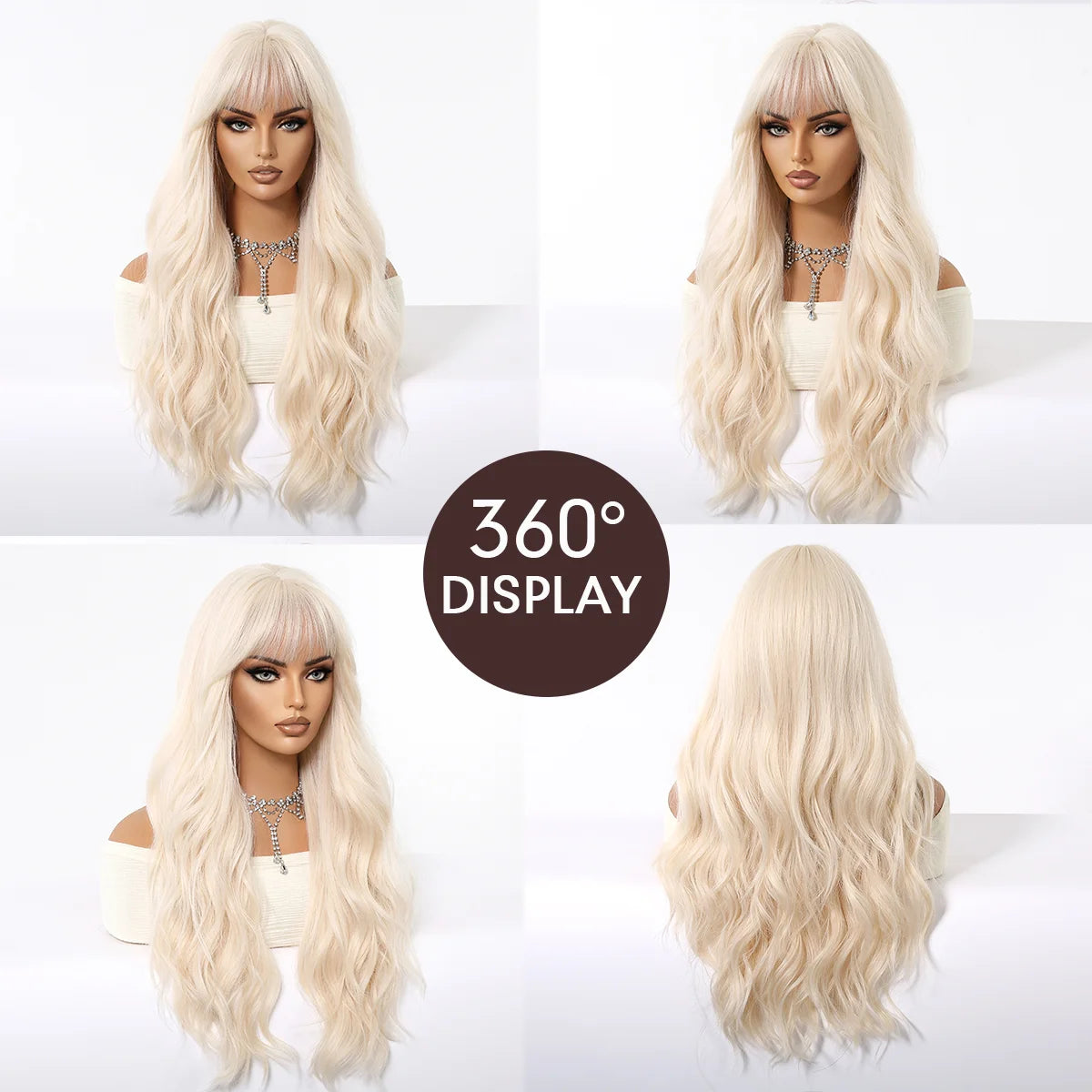 Platinum 613 Blonde Wig Long Wavy Synthetic Wig with Bangs Curly Mixed Golden for Women Cosplay Party Daily Use Heat Resistant