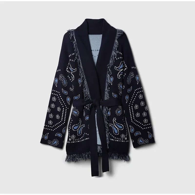 Tassel Patchwork Printed Cardigan Women Fashion V-neck Long Sleeve Loose Outerwears Lady Autumn Daily Commute Street Cardigans