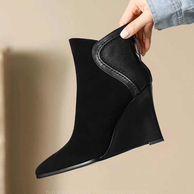 Wedges Women's Ankle Boots Pointed Toe Fashion Shoes Designer Suede Winter Boots 2025 High Heels Dress Luxury Botas Para Mujer