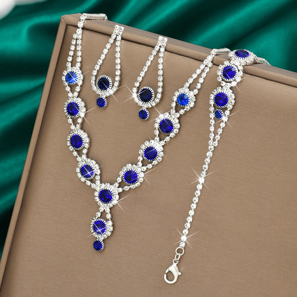 4PCS Fashion Elegant Crystal Jewelry Sets for Women Rhinestones Necklace Ring Earrings Bridal Wedding Party Jewelry Sets