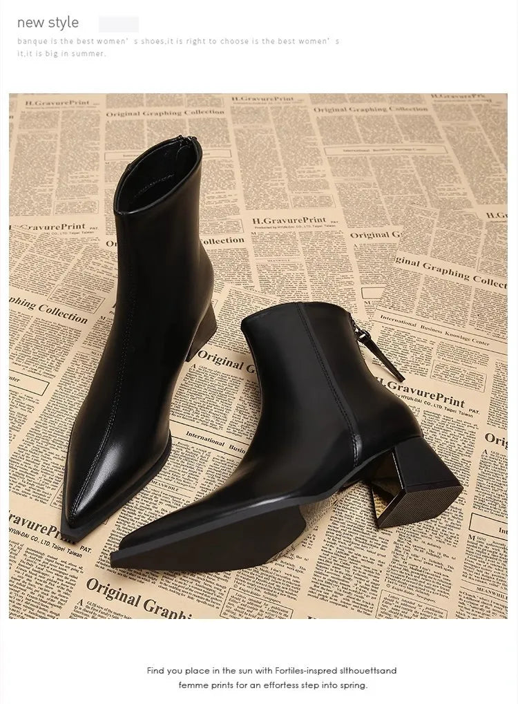 Women Artificial Leather Ankle Boots 2025 Autumn Fashion Square Heel Short Boot Ladies Casual Zipper Low Heel Shoes Botas Mujer