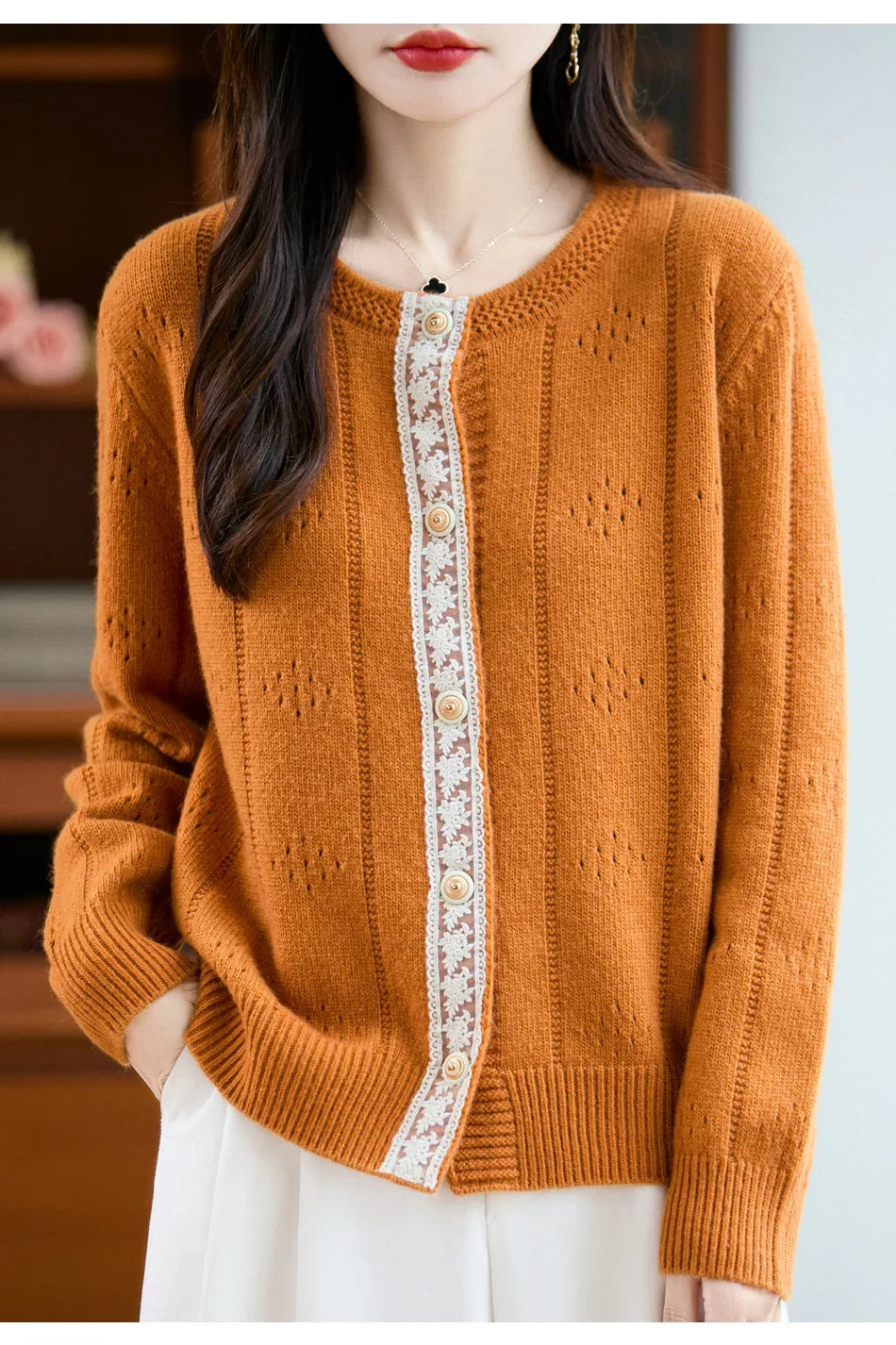 Slimming Soft Lace Splice Knitted Base Shirt French Design Sensation Knitted Open Cardigan Fashionable Anti-Aging Outerwear