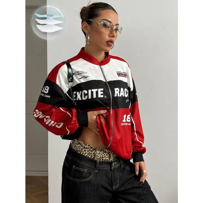 Varsity Jacket Tops Women's Patchwork Long Sleeve Racing Bomber Letterman Jackets Color Block Y2k Outerwear Vintage Streetwear