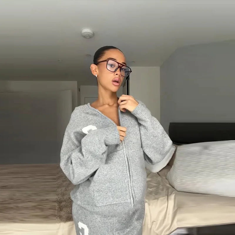 Knitted Women's Pant Sets Hooded Long Sleeve Dropped Shoulder Zipper Female Jacket Solid Elastic Waist Straight Pants For Ladies