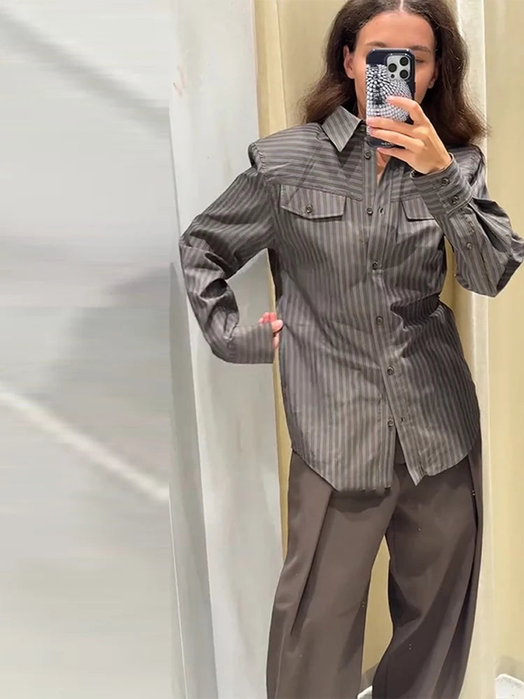 Vintage Stripe Shirt Pant Sets Women's Lapel Single-breasted Tops Front Pleated Trousers 2025 New Ladies Autumn Solid Streetwear
