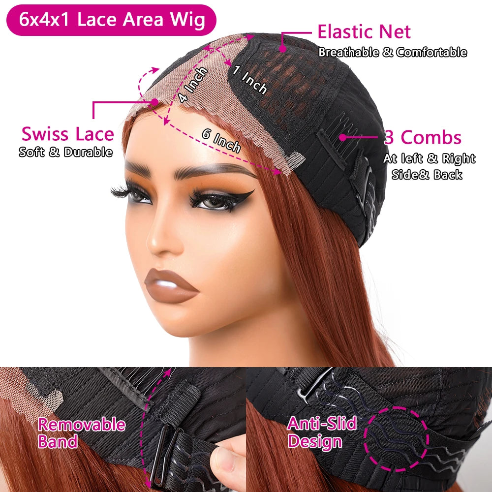 Copper Red Layered Cut Lace Front Wigs Reddish Brown Straight Lace Frontal Wig Layered Glueless Wigs Synthetic Butterfly Haircut