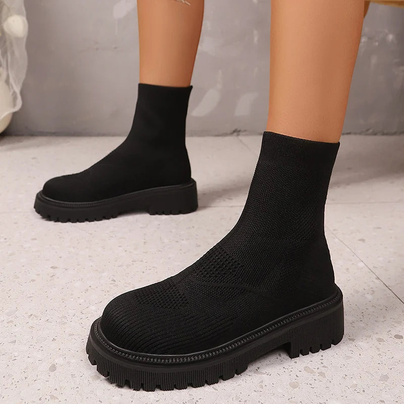 Bright Green Knitted Ankle Boots for Women 2025 Autumn Winter Non Slip Platform Booties Woman Casual Short Botas Shoes Mujer 42