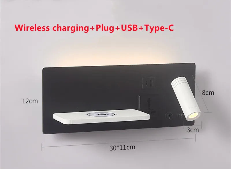 Wireless Charging Wall Lamp Bedroom Bedside USB Wall Light Rotatable Reading Lamp Study Room Switch Modern Multifunctional Hotel
