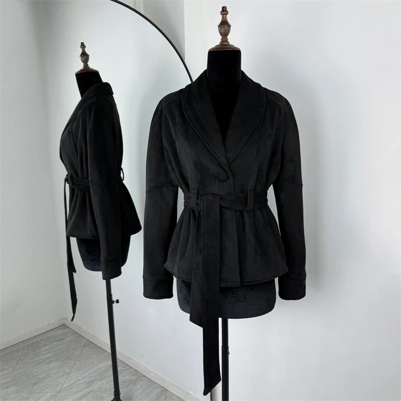 Tornova Retro Suede Long-sleeved Jacket Coat Female V neck Lace Up Jacket 2025 Autumn Winter New Commute Office Lady Outerwear