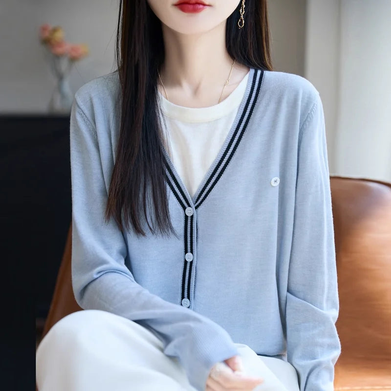 Autumn Thin Knit Sweater Women Long Sleeve Pullover Tops Korean Style Layered Design Lightweight Cardigan Outerwear Casual Chic
