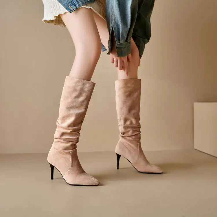 Street Style Pointy Toe Long Boots Women Stiletto Heels 8CM High Heel Winter Sexy Woman Shoes Female Suede High Boots Size 35-46