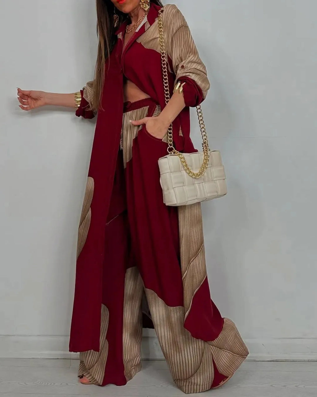 Women Pant Sets Print Long Shirts Two Piece Single Breasted T Shirt Fulls Sleeve Loose Elegant Wide Leg Pants Patchwork