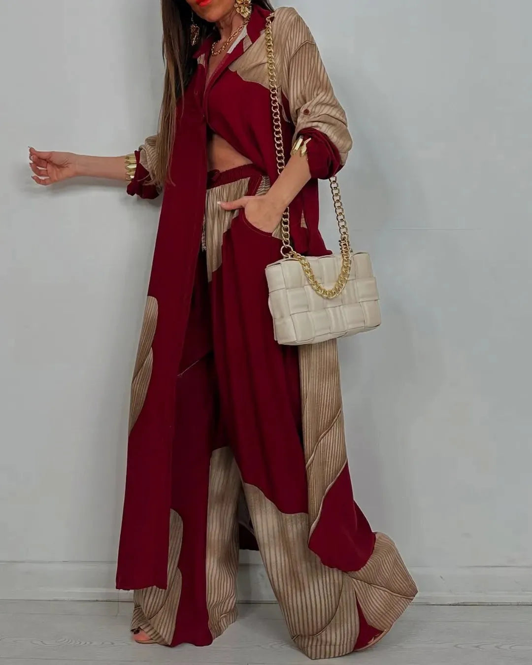 Women Pant Sets Print Long Shirts Two Piece Single Breasted T Shirt Fulls Sleeve Loose Elegant Wide Leg Pants Patchwork