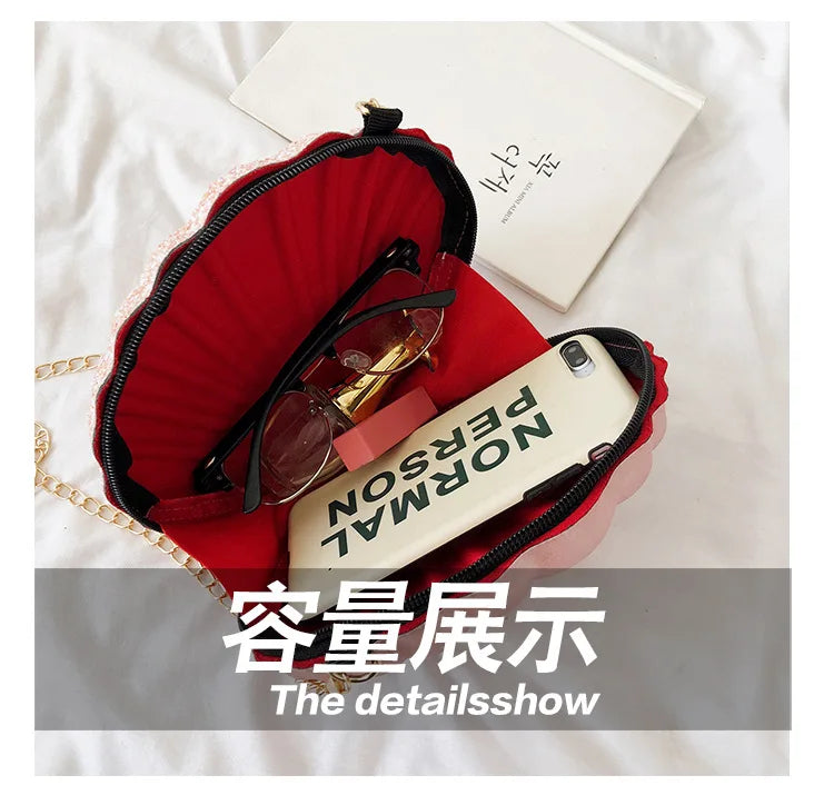 Women Shoulder Handbags Shell Bag Chain Cute Sequins Small Bag Phone Money Pouch Zipper Crossbody Bags for Women Bolsa Feminina
