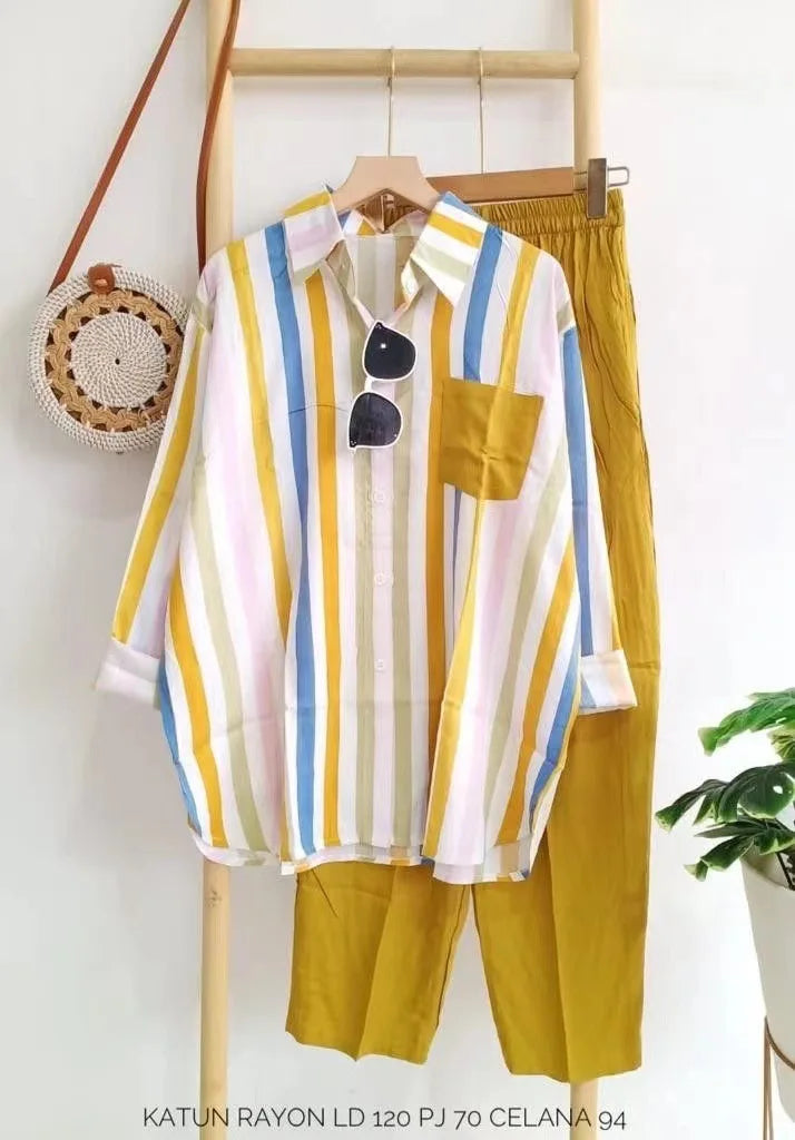 Plus Size Loose Casual Two Piece Sets Women 2025 Fashion Elegant Comfort Striped Long Sleeve Shirts And Long Pants Sportswear