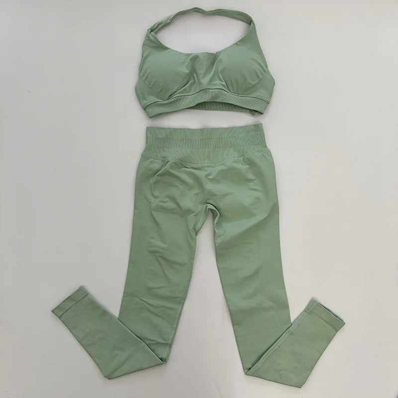 Ladies seamless yoga suit; two-piece fitness leggings; hip-lifting yoga pants set; gym sport suit; backless sports bra with