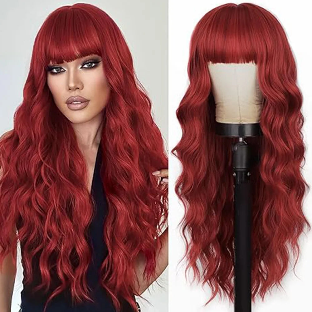 Synthetic Long Blonde Wigs with Bangs for Women Curly Wavy Hair Wigs Heat Resistant Fiber Wigs for Daily Party Use 26 Inches