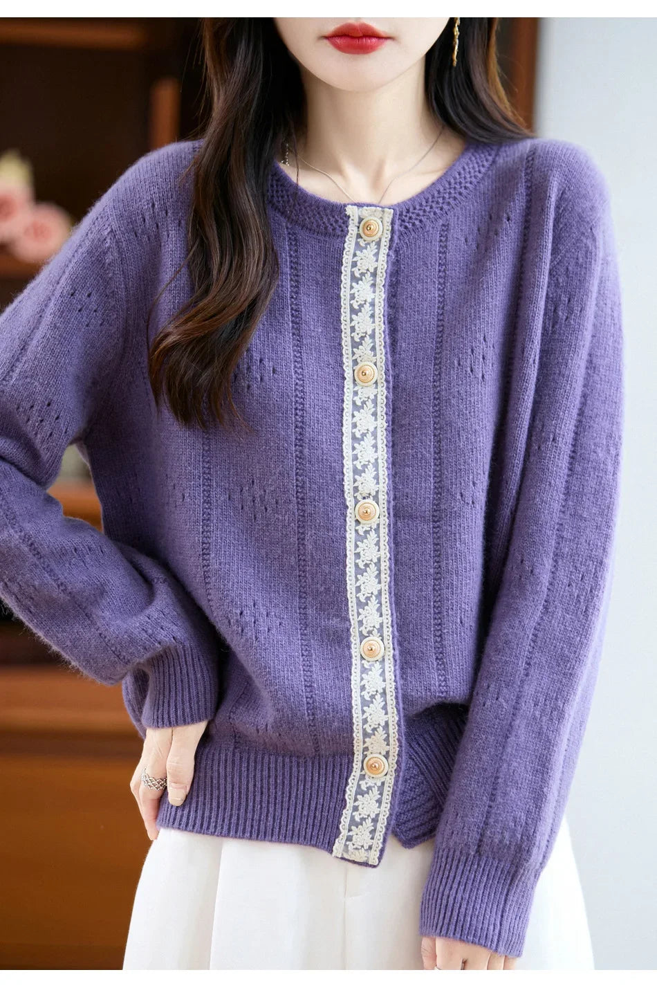 Slimming Soft Lace Splice Knitted Base Shirt French Design Sensation Knitted Open Cardigan Fashionable Anti-Aging Outerwear