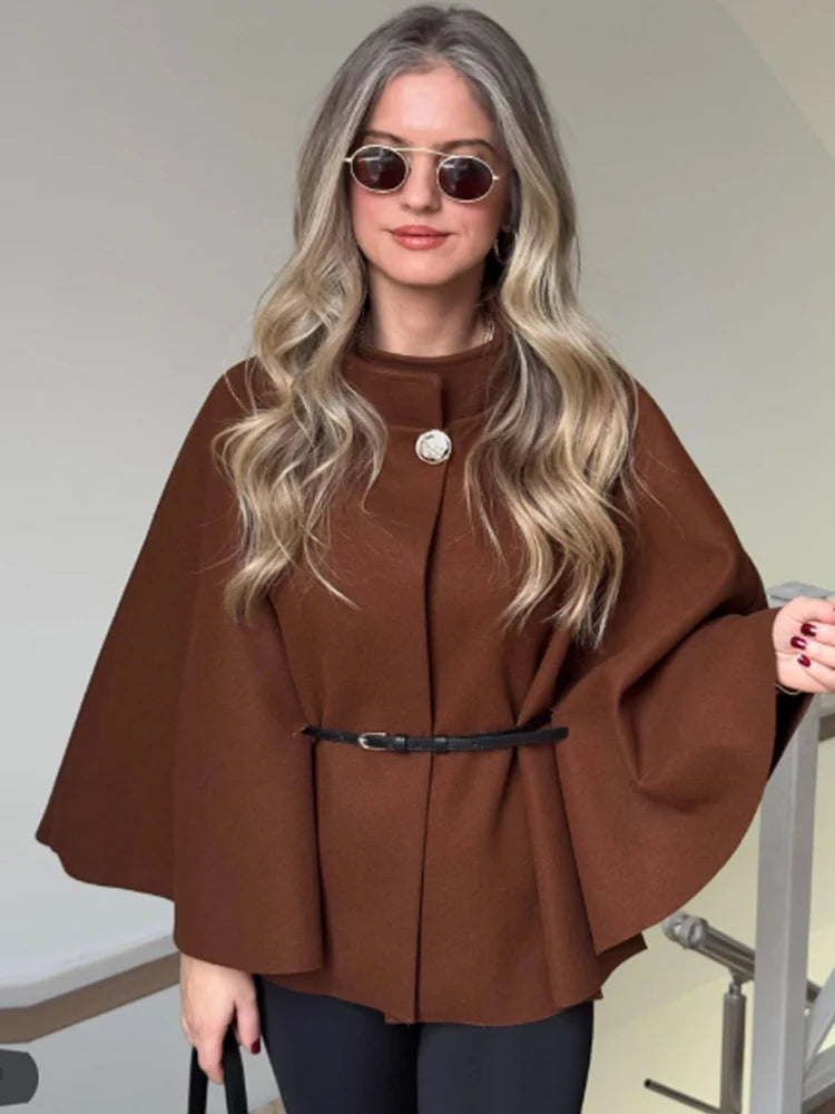 HXAO Women's Jackets Oversized Belt Tunic Jacket Autumn Winter Coat Female Red Brown Black Jacket Cropped Bat Sleeved Outerwears