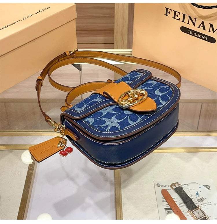 Ladies' handbag, light luxury retro denim canvas bag, fashionable 2025 new style saddle bag, high-end single shoulder crossbody