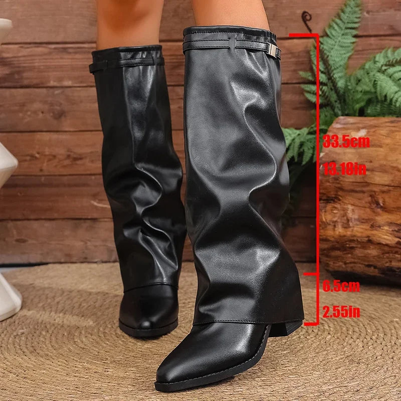 Fashion Fold Over Knee High Boots for Women Slip On Chunky High Heel Shark Boots Woman Wide Leg PU Leather Long Botas Mujer 2025