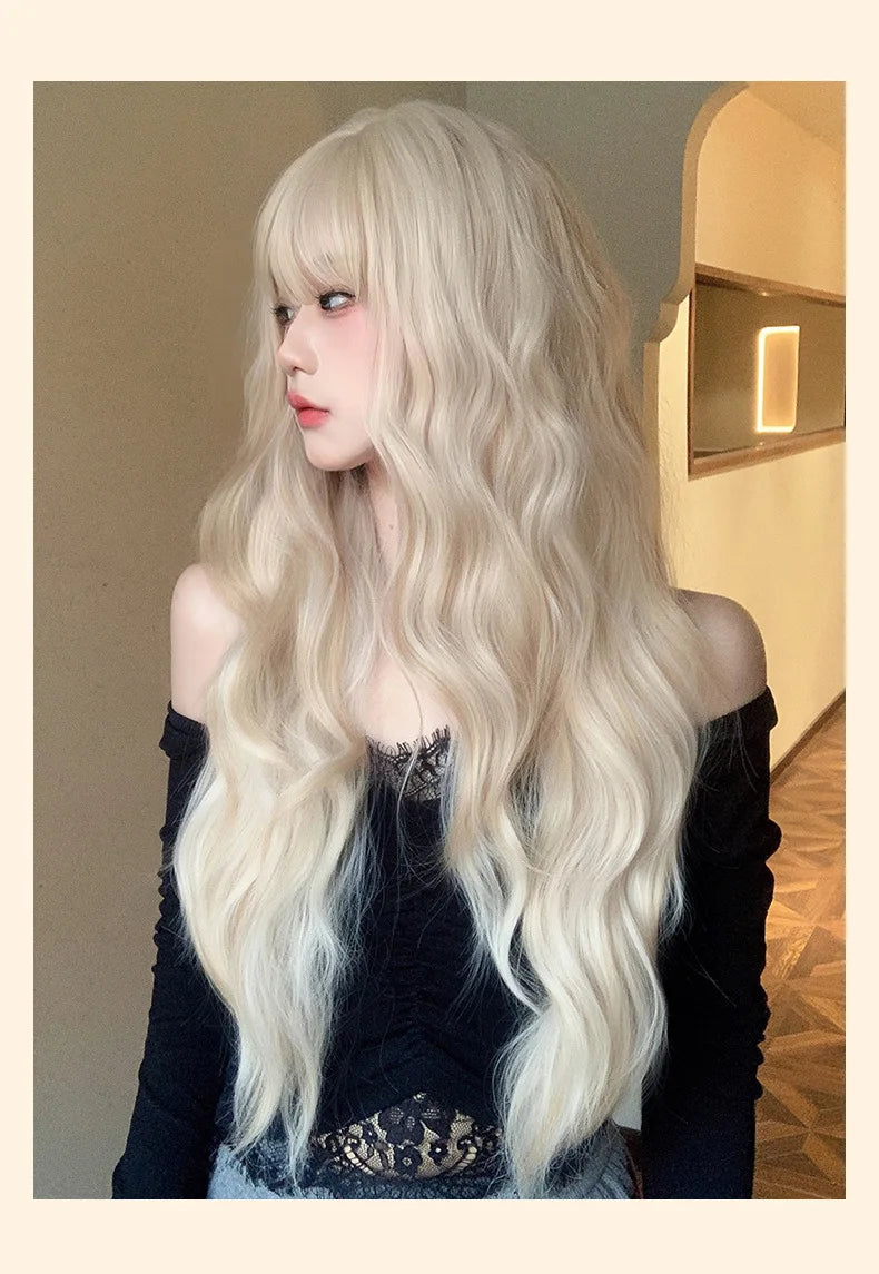 Platinum 613 Blonde Wig Long Wavy Synthetic Wig with Bangs Curly Mixed Golden for Women Cosplay Party Daily Use Heat Resistant