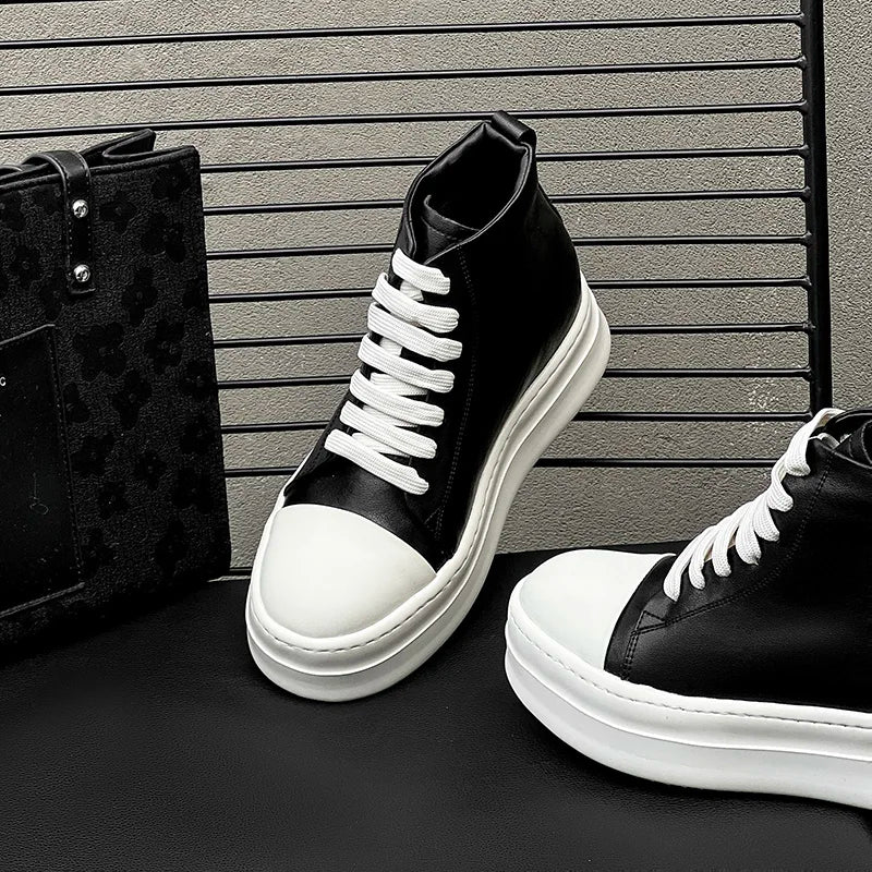 Street Style Ankle Boots for Men Genuine Leather High Top Shoes Fashion Brand Motorcycle Boots Thick Bottom  Male Walking Shoes