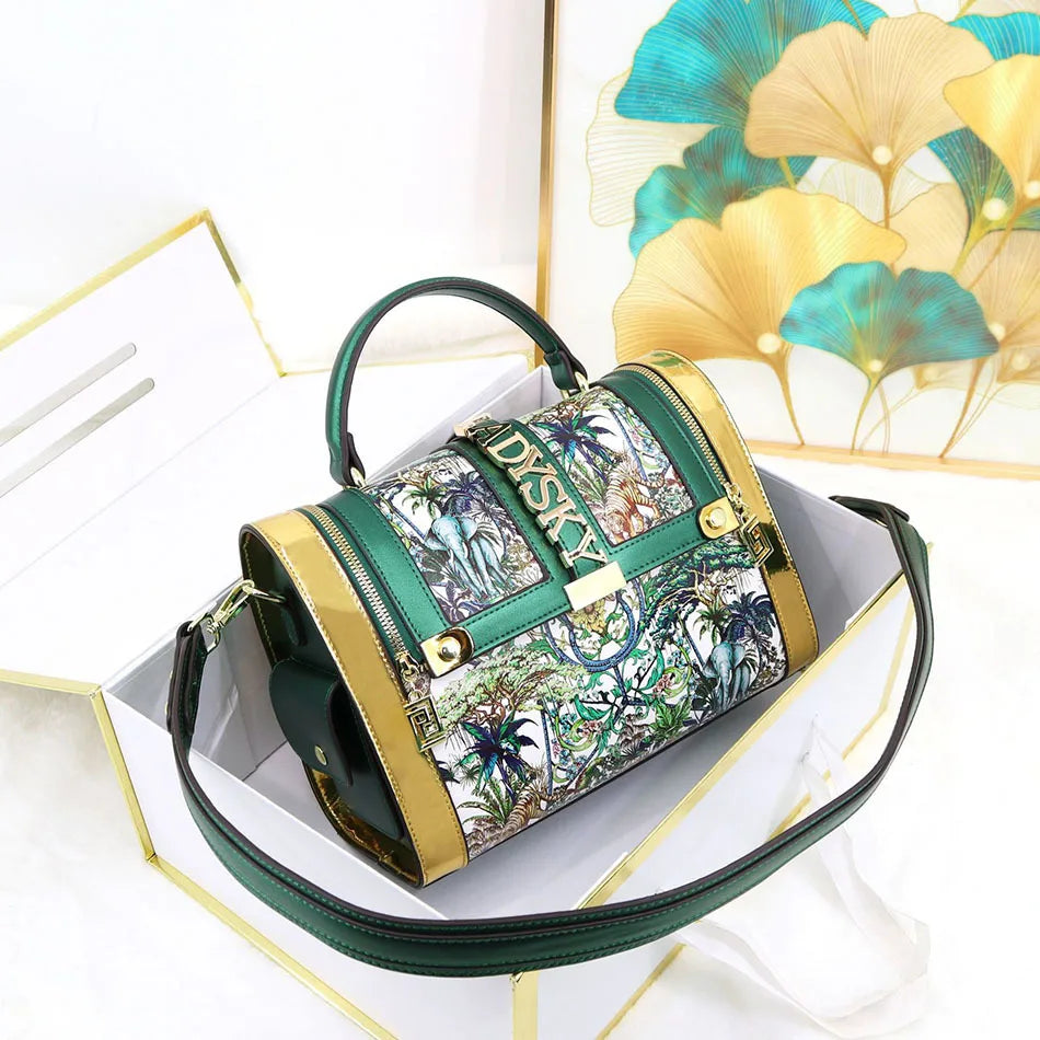 Women Boston Bag Printed Pattern Handbag Large Capacity Shoulder Crossbody Bag Double Zipper Half Cover Style Top Top Handle Bag