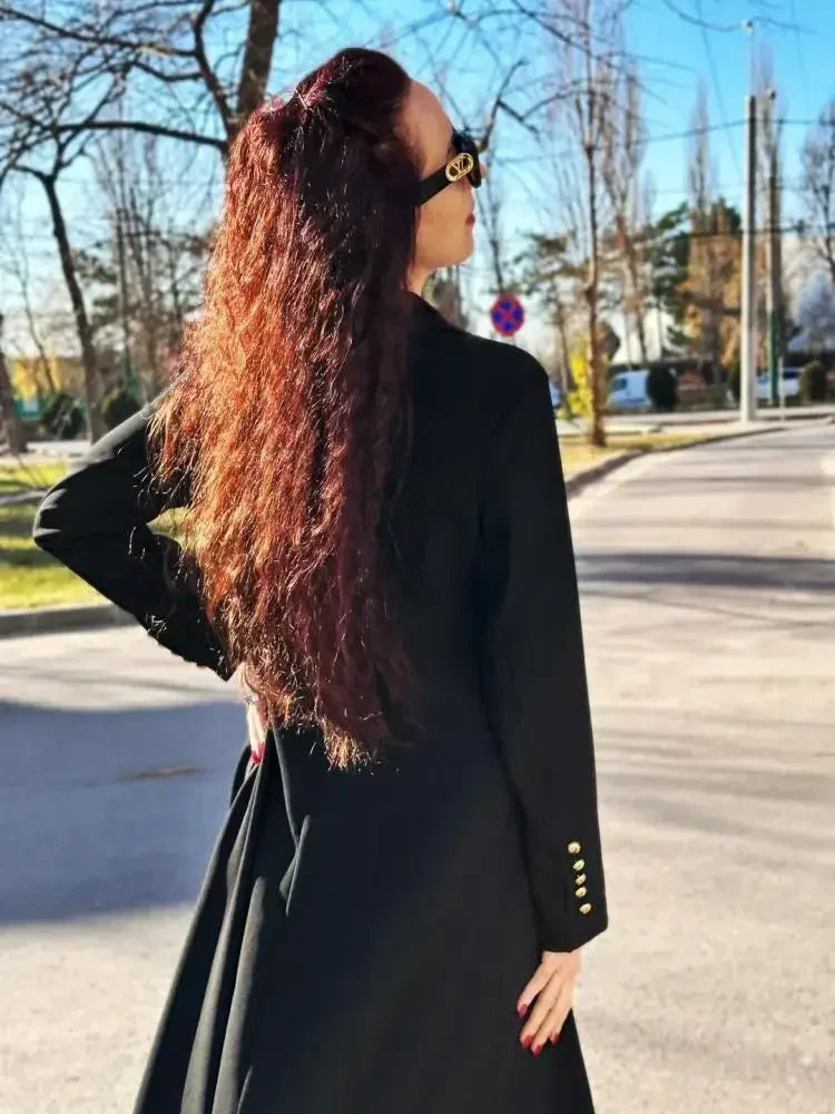 Missuoo Women's Black Extra-long Blazer Coat Lapel V-neck Long Sleeves Split-side Elegant Outerwears 2025 Fall New