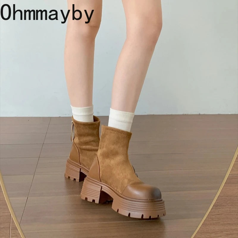Vintage Platform Thick Sole Woman Ankle Boots Design Back Zippers Shoes Autumn Winter Slim Height Increase Short Botas