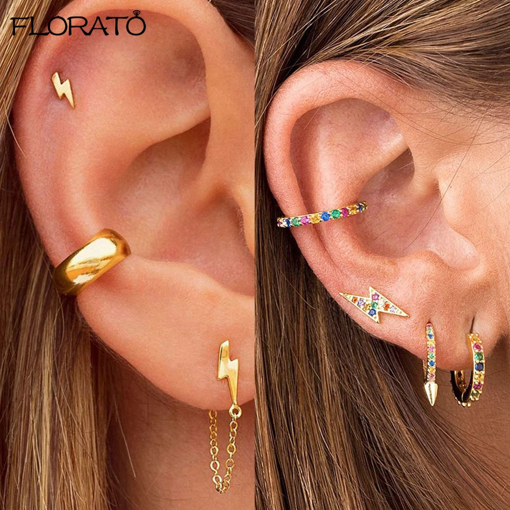 925 Sterling Silver Needle Lightning Pendant Earrings Charming Pave Crystal Gold Hoop Earrings for Women Fashion Jewelry Gifts