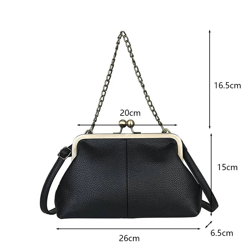 Vintage Soft Skin Shell Bag New Lychee Pattern Handbag Simple And Versatile Shoulder Bag Clip Chain Crossbody Women's Bag