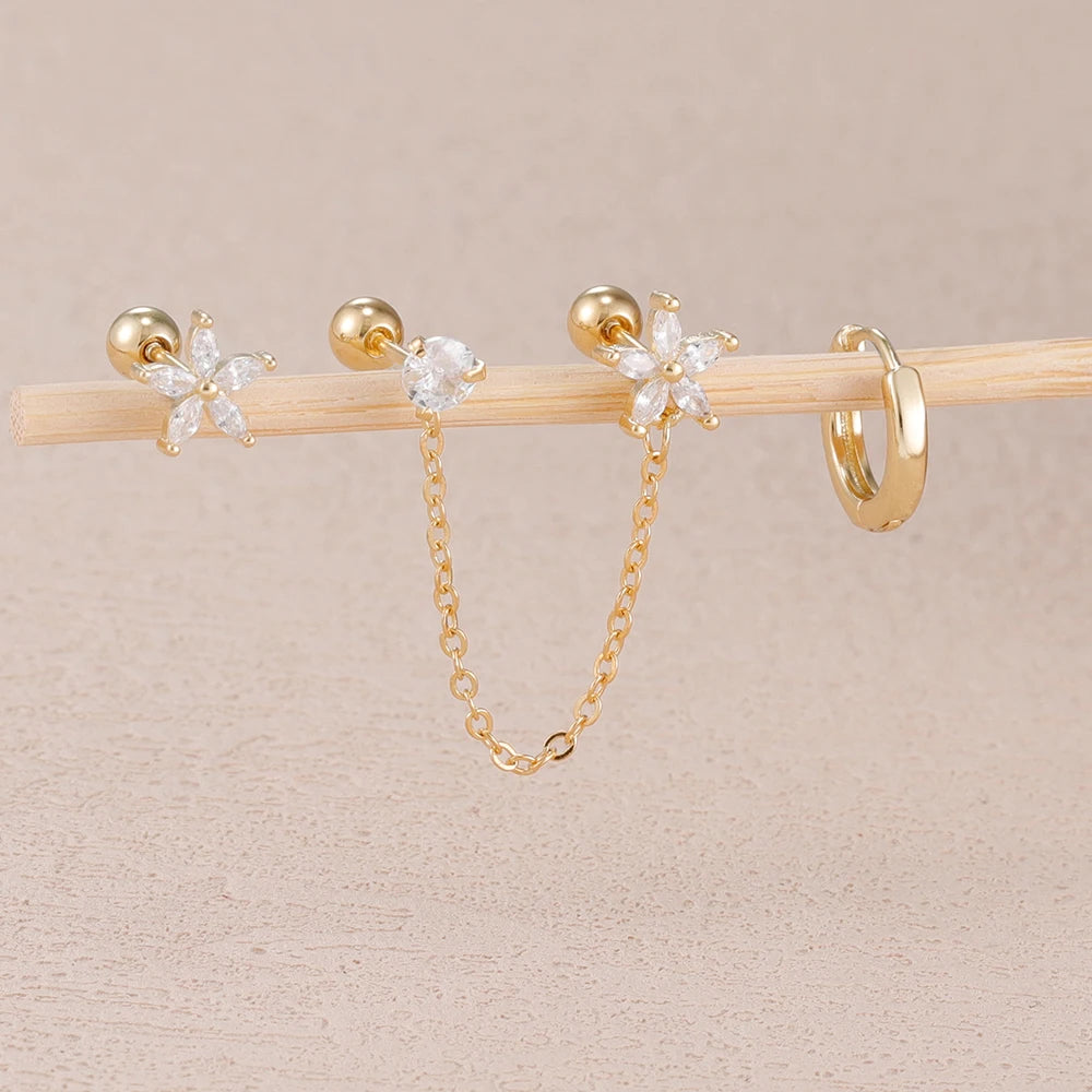 3PCS Stainless Steel Zircon Flower Star Ear Stud Earrings Set 14K Gold Plated Chain Cartilage Piercing Earring Women's Jewelry