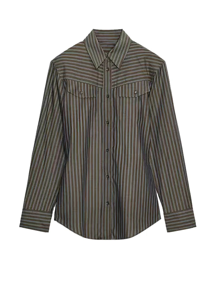 Vintage Stripe Shirt Pant Sets Women's Lapel Single-breasted Tops Front Pleated Trousers 2025 New Ladies Autumn Solid Streetwear