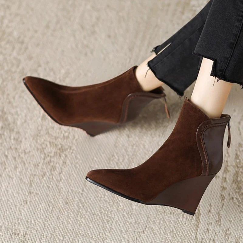Wedges Women's Ankle Boots Pointed Toe Fashion Shoes Designer Suede Winter Boots 2025 High Heels Dress Luxury Botas Para Mujer