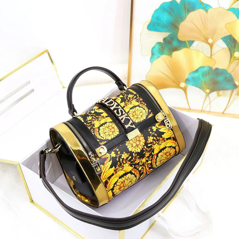 Women Boston Bag Printed Pattern Handbag Large Capacity Shoulder Crossbody Bag Double Zipper Half Cover Style Top Top Handle Bag
