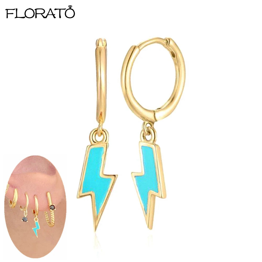 925 Sterling Silver Needle Lightning Pendant Earrings Charming Pave Crystal Gold Hoop Earrings for Women Fashion Jewelry Gifts