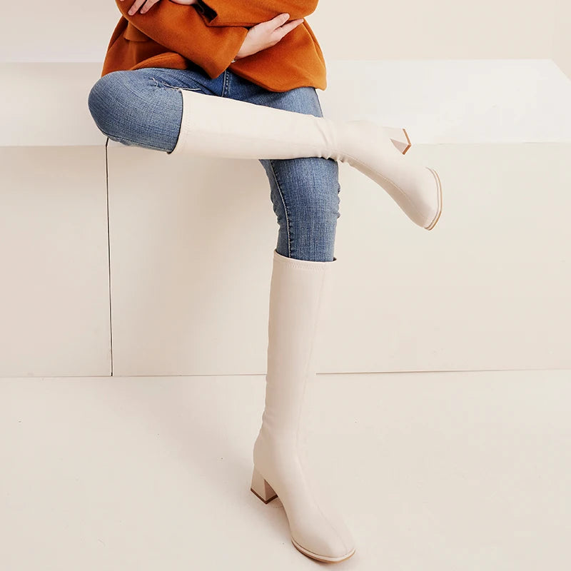 XiangXiangLi Women's Knee-High Boots with Fleece Lining Chunky Heel Long Tube Boots