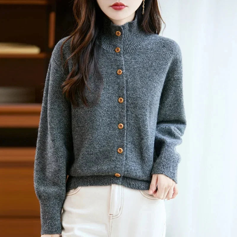 Pure Wool Thickened Knitted High Collar Sweater Coat for Women Winter Season Button up Cardigan Outerwear Floral Pattern