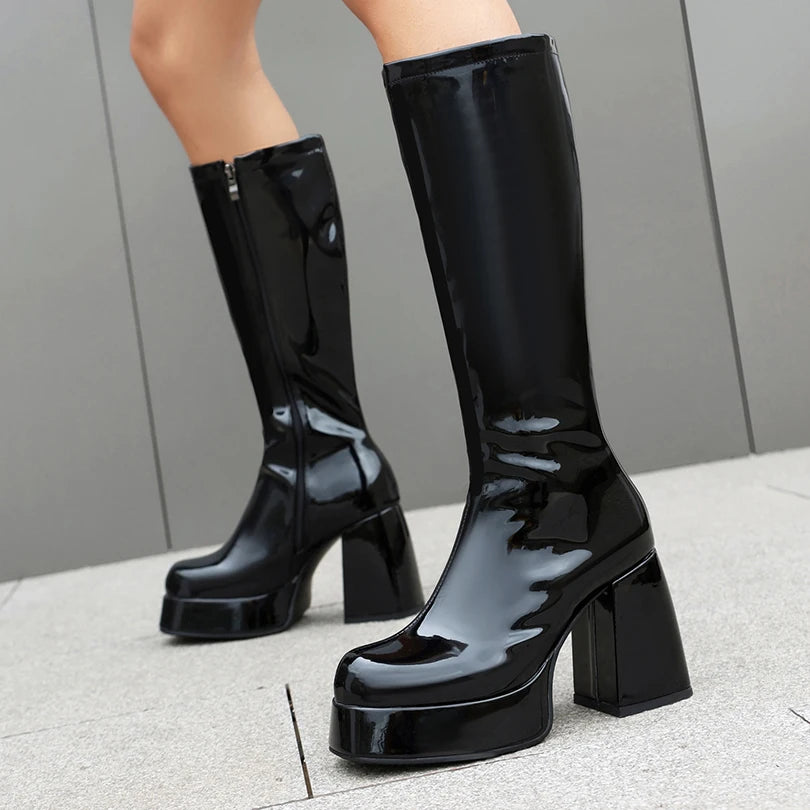 Plus Size Glossy Patent Leather Upper Square Toe Super Thick Heel Plush Lining Women's Knee Boots Platform Side Zipper Boots