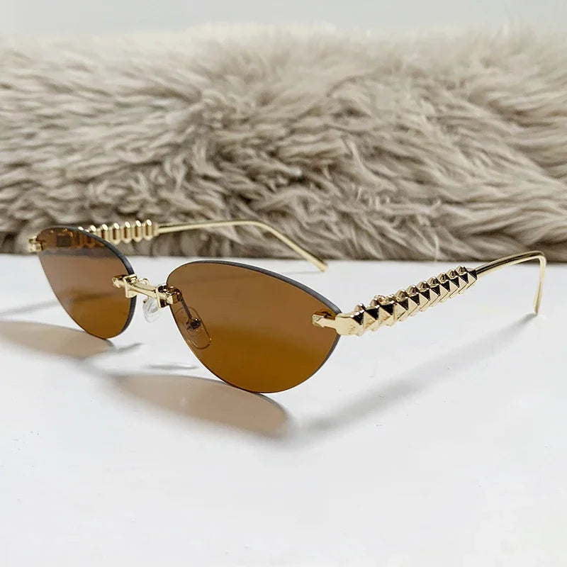 New Cat Eye Rivet Rimless Sunglasses Women Luxury Fashion Brand Oval Narrow Sun Glasses Shades Trendy Elegant Unique Eyewear