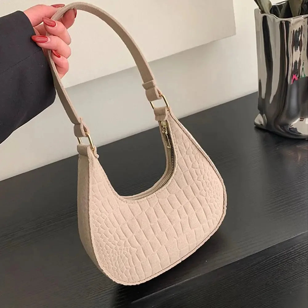 Women Bags Shoulder Retro Leisure Handbag Pure Felt Fashion Underarm Bag Crescent Saddle Bag for Ladies Advanced Armpit Bag 2025