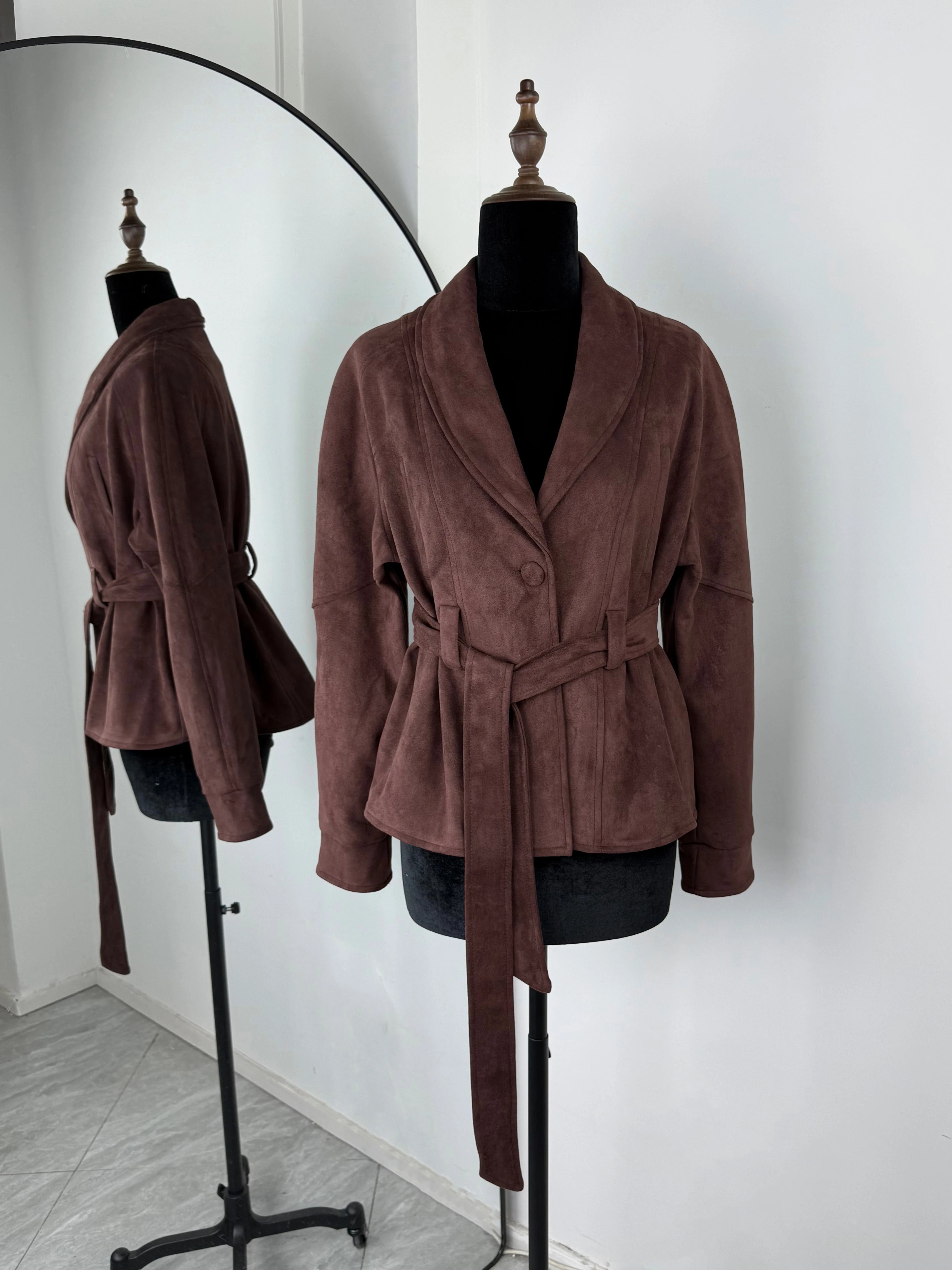 Tornova Retro Suede Long-sleeved Jacket Coat Female V neck Lace Up Jacket 2025 Autumn Winter New Commute Office Lady Outerwear