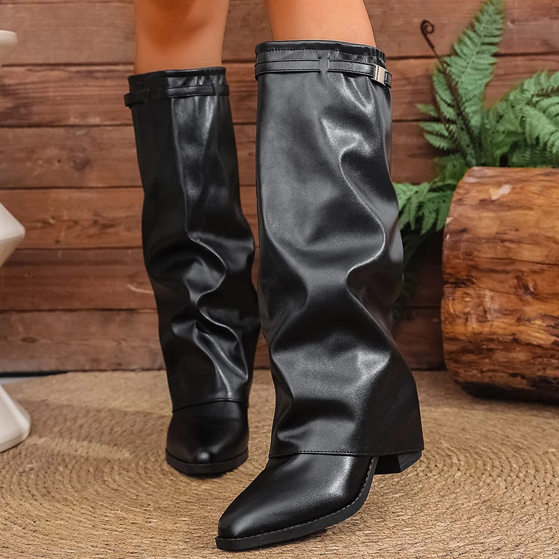 Fashion Fold Over Knee High Boots for Women Slip On Chunky High Heel Shark Boots Woman Wide Leg PU Leather Long Botas Mujer 2025